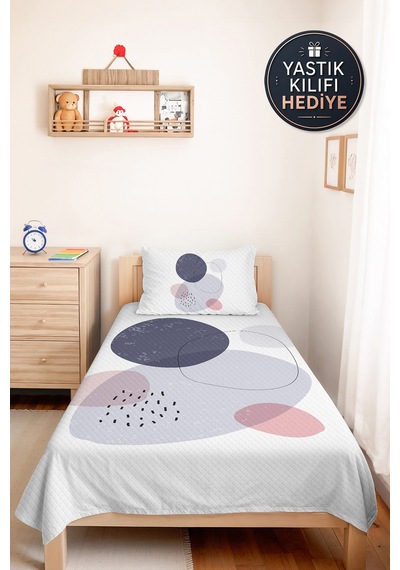 Geometrik Gri Genç Odası Tek Kişilik Pike Takımı - Modern Pudra 160x220 Cm Kapitone Yatak Örtüsü Gizli Çayır Pususu