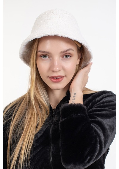 Ladycolor Şapka Kıvırcık Peluş Kumaş Bucket Modeli Krem Krem