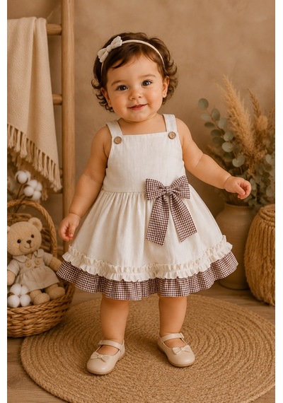 Mnk Baby & Kids Kız Bebek %100 Pamuklu Fiyonk Detaylı Elbise M00849 Bej