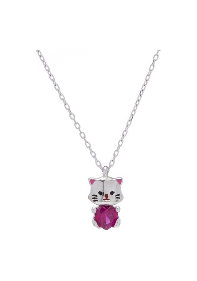 Kedi Pembe Zirkon Taşlı 925 Ayar Gümüş Kadın Kolye
