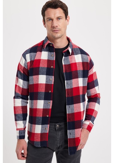 Tudors Erkek Slim Fit Dar Kesim Kareli Kışlık Oduncu Gömlek-42326 Bordo