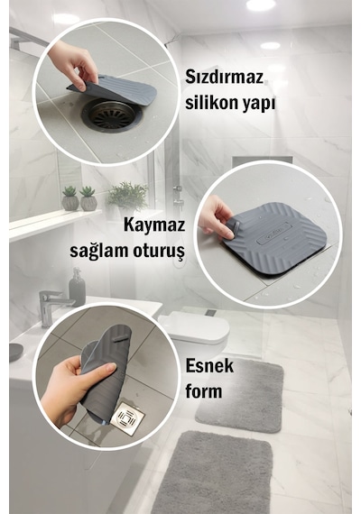 2'li Set Gri Kare Silikon Gider Koku Önleyici Kapak Ve Evye Lavabo Süzgeci