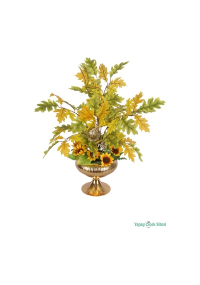 Yapay Çiçek Sitesi Metal Saksıda Yapay Sonbahar Yapraklı Ayçiçek Tanzimi 74 Cm Sarı