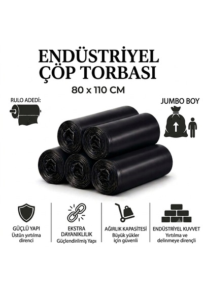 Jumbo Boy Endüstriyel Çöp Poşeti 80x110 Cm 50'li - 400 Gram Ağır Hizmet Tipi Kalın Torba