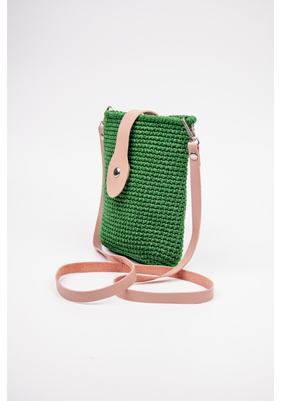 Fabric Craft Bag Çapraz Askılı Kadın Omuz Çantası Floş İplik Örgü Küçük Çanta Yeşil - Pembe
