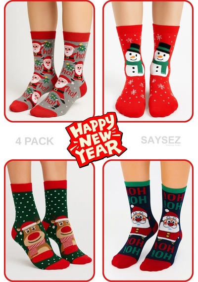 Saysez Unisex Yılbaşı Desenli 4'lü Paket Renkli Soket Çorap Christmas Happy New Year Çok Renkli