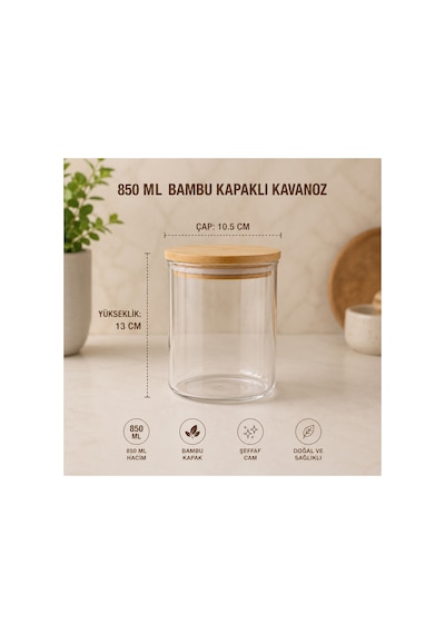 3lü Set Bambu Kapaklı Cam Saklama Kavanozu Hava Geçirmez Çok Amaçlı Mutfak Saklama Kabı 850ml Şeffaff