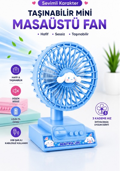 Masaüstü Şarjlı Sevimli Karekter Mini Soğutucu Vantilatör Type-c Şarjlı Masa Üstü Fan Taşınabilir 3 Mod Hız Ayarlı Pervane