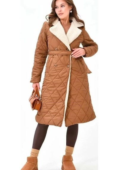 Lovie Moda Kadın Kürk Detaylı Mont Camel