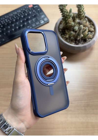 Apple Uyumlu iPhone 15 Pro Max Standlı Ve Yüzüklü Magsafe Kılıf Soocase721 Lacivert