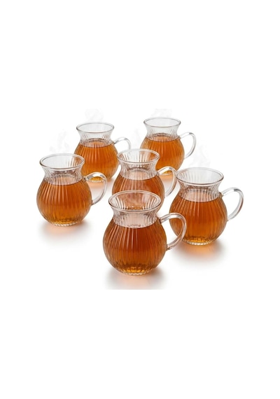 6'lı Kulplu Borosilikat Fitil Desenli Cam Çay Bardağı Seti - Geniş Ağızlı Tombul Tasarım, Isıya Dayanıklı Çay Takımı 180ml çok renkli