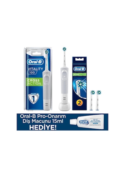 Oral-B D100 Vitality Cross Action Beyaz Sarjlı Diş Fırçası + Cross Action Yedek Başlık 2'li + Diş Macunu 15 ML
