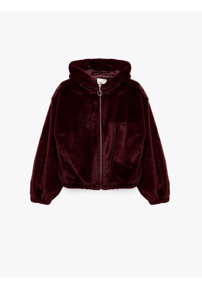 Koton Uzun Kollu Kapüşonlu Fermuarlı Suni Kürk Crop Ceket Bordo 6wal20009ıw Bordo