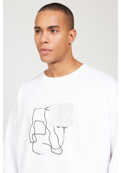 AC&Co / Altınyıldız Classics ERKEK BEYAZ Oversize Fit Geniş Kesim Bisiklet Yaka Baskılı Rahat Sweatshirt Beyaz