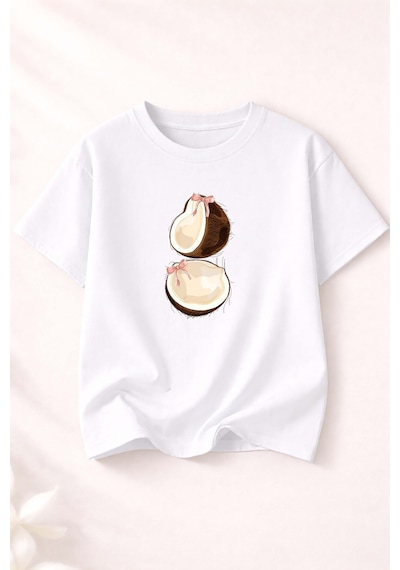 Herkesemoda Coconat Baskı Detaylı Kadın Bisiklet Yaka Pamuklu T-shirt Beyaz