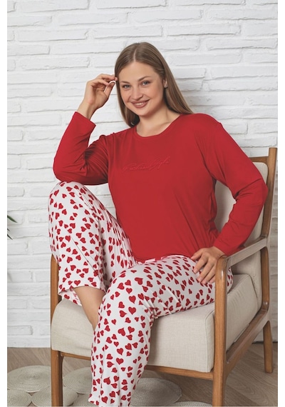 Büyük Beden Uzun Kollu Leopar Desen Milan Pijama Takımı Kırmızı