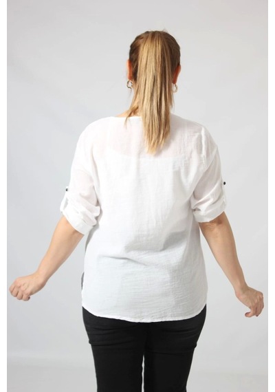 Moda Berray 3293 Beyaz Çiçek Baskılı Organik Keten Kumaş Mevsimlik Gömlek Beyaz