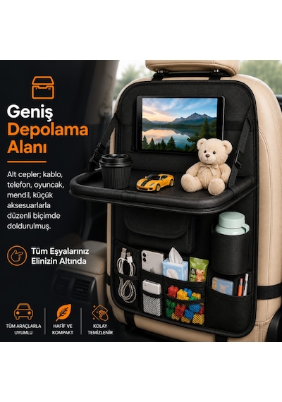 Polham Oto Koltuk Arkası Tablet Bölmeli Organizer, Katlanabilir Seyahat Masası, Çok Bölmeli Araç İçi Düzenleyici