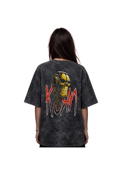 Korn Rock Metal Müzik Grubu Baskılı Unisex Oversize Eskitme Yıkam Siyah