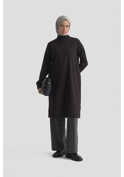 Armine Trend Yarım Fermuarlı Dik Yaka Uzun Kollu Rahat Kesim Basic Uzun Tunik 107 Cm Boy Siyah 26kt456
