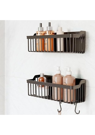 Banyo Rafı 2'li Banyo Düzenleyici Duş Rafı Kanca Askılı Organizer Şampuanlık Plastik Siyah