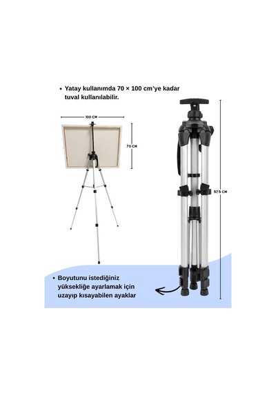 Katlanabilir Alüminyum Tripod Şövale - Kollu Yükseklik Ayarlı, Su Terazili, Pusulalı, Gümüş