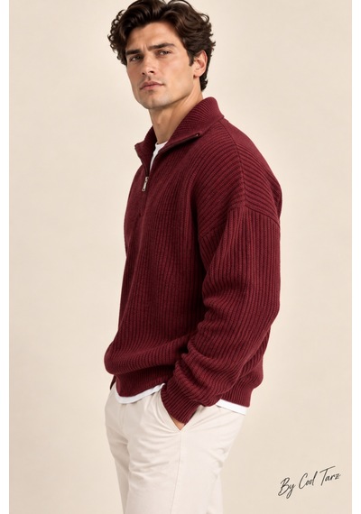 Tarz Cool Erkek Oversize Fermuarlı Balıkçı Triko Kazak Bordo