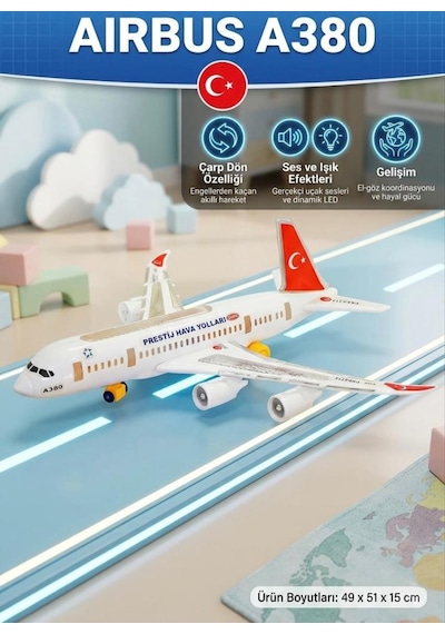 Işıklı Sesli Pilli Hareketli Kolay Kurulumlu Büyük Boy Oyuncak Türk Hava Yolları Uçağı