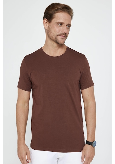 Tudors Erkek Slim Fit Dar Kesim Pamuklu Likralı Esnek Kumaş Basic Kahverengi Bisiklet Yaka Tişört-31218 Kahverengi