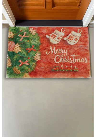 Valerine Life Yılbaşı Noel Çam Ağacı Eldivenli Kırmızı Welcome Hoş Geldiniz Kapı Önü Paspası 45x70cm Kahverengi