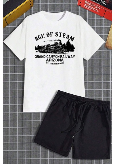 Uyguntarz Unisex Age Of Steam Baskılı Şort Takım Beyaz
