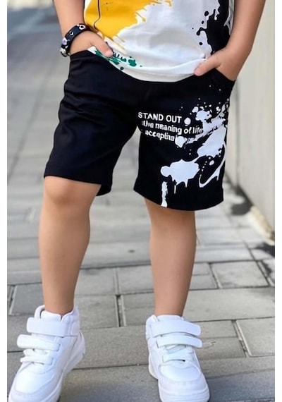 Riccotarz Erkek Çocuk Bisiklet Yaka Üzeri Renki Boya Desenli T-shirt Beli Lastikli Siyah Şortlu Takım Siyah