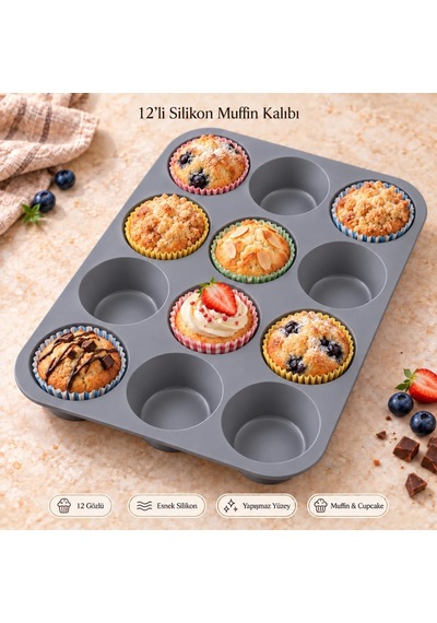 Tr 12'li Silikon Muffin Kalıbı Gri Cupcake Mini Kek Browni Kurabiye Tatlı Pişirme Tepsisi Esnek Tek Parça Yuvarlak Genel