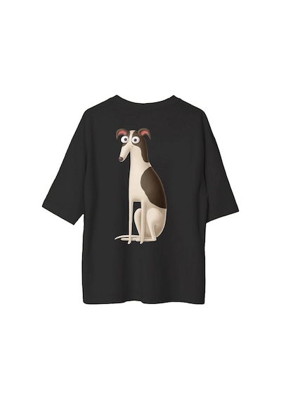 Paybuy Erkek Oversize Tişört Komik Köpek Baskısı Çizgi Sanatı Stil Grafi Siyah