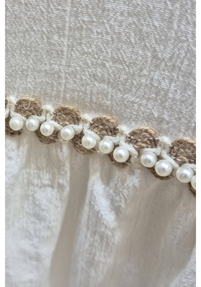 Fashion Cocktail İnci Sıralı Ve Jüt Şeritli Apoletli Kolsuz Bohem Organik Doku Krınkıl Kumaş Eteği Astarlı Kruvaze V Yaka Crop Bluz Fırfırlı Uzun Boho Bohem Tatil Chic Etek Seti İkili Takım ekru