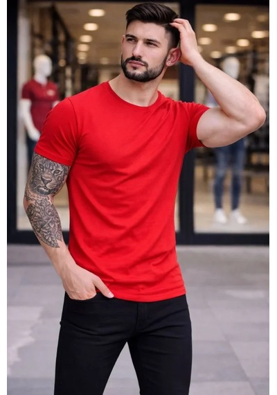 Veraura Lifestyle Erkek T-shirt Bisiklet Yaka Slim Fit Dar Kesim Likralı Tişört Günlük Basic Body - Kırmızı