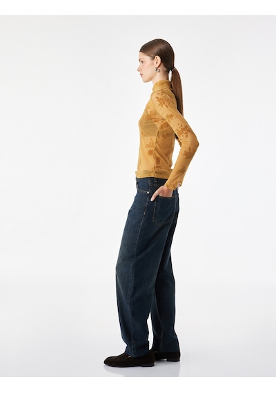 Koton Slim Fit Dik Yaka Uzun Kollu Çiçekli Tül Bluz Sarı 7wak70009uk