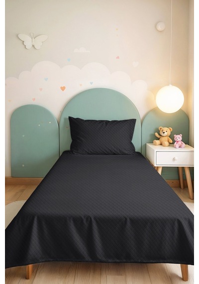 Antrasit Modern Genç Odası Tek Kişilik Pike Takımı - Gri Minimal 160x220 Cm Kapitone Yatak Örtüsü Perde Şafak Sessizliği