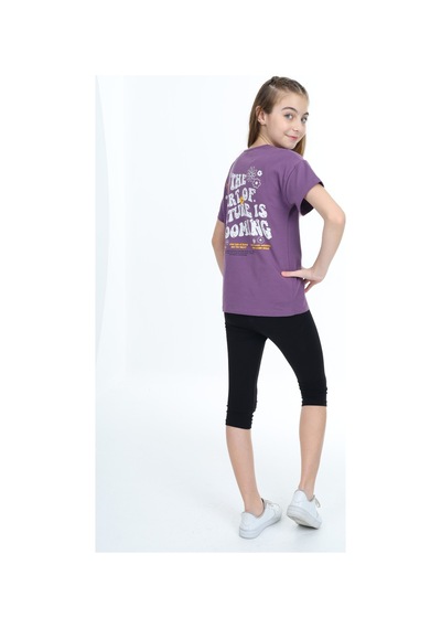 Toontoy Kids Toontoy Kız Çocuk Göğsü Çiçek Yazı Baskılı Taytlı Takım Mor