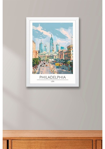 Abd Philadelphia Temalı Çerçeveli Tablo Travel Serisi Modern İllüstrasyon Şehir Duvar Dekoru Beyaz