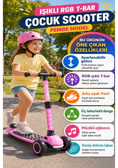 Pembe Speedx Wx-817 Rgb Işıklı Müzikli Çocuk Scooter Ayarlanabilir Alüminyum T-bar Tekerlekli Frenli