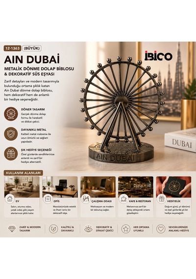 Büyük Aın Dubai Metalik Dönme Dolap Biblosu - Dekoratif Süs Eşyası Krom - Bakır 5468