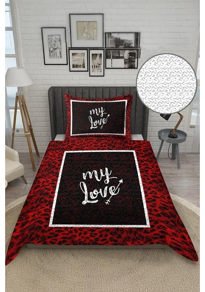 My Love Yazılı Kadife Kumaş Kapitoneli Tek Kişilik Yatak Örtüsü Seti 2 Parça Tky0044 Çok Renkli