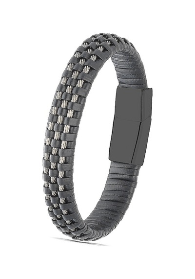 Brezza Lusso Jewelry Hakiki Deri Hasır Burma Çelik Erkek Bileklik Siyah
