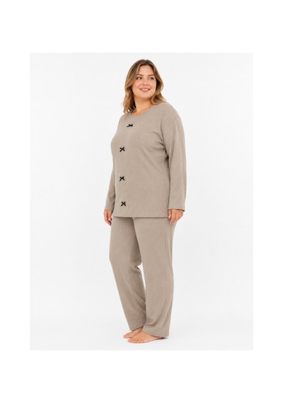 Sleeproom Büyük Beden Kadın Kaşkorse Mevsimlik Bej Pijama Takımı