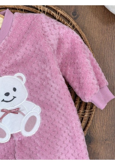 101 Dalmaçyalı Peluş Ayıcık Nakışlı Patikli Çıtçıtlı Kışlık Erkek Bebek Tulum Gül Kurusu