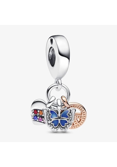 Nur Silver İki Renkli Gökkuşağı Kalp, Kelebek Ve Barış Üçlü Sarkıt Charm Nur-cm00454 Gümüş