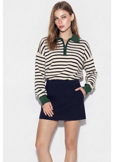 Soft&basic Çizgili Polo Yaka Triko Kadın Kazak Fermuarlı Haki