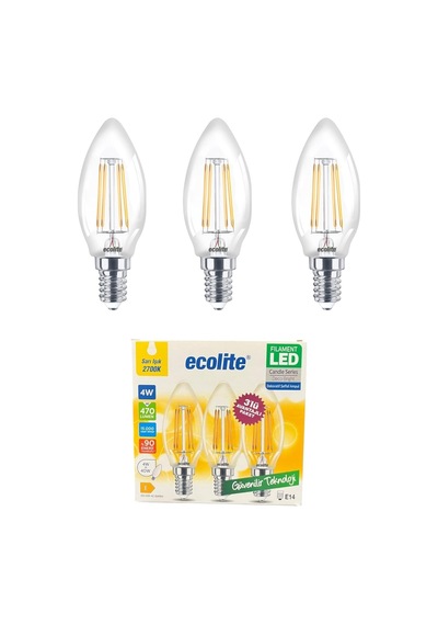 Ecolite 4w Led Filament Mum Ampul, E14 Duy, 2700k Sarı Işık, 470 Lümen, Şeffaf Cam, Akkor Görün Standart