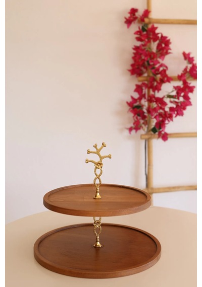 2 Katlı 21/25 Cm Gold Çiçekli Ahşap Kek Sunum Standı